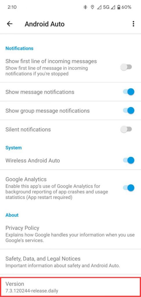 Android Auto Developer Options